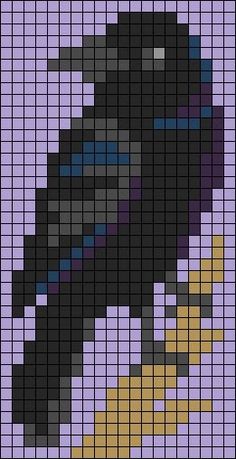 a black bird sitting on top of a purple floor in front of a wall hanging