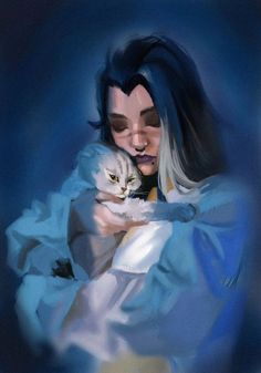 a painting of a woman holding a cat