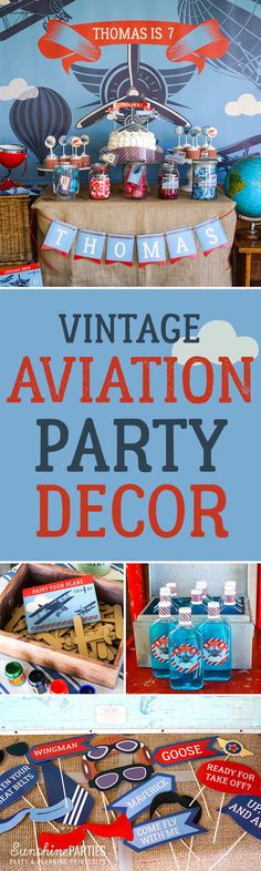 an airplane themed birthday party with blue and red decorations