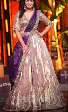 Pattu Saree Half Saree, Half Sarees For Marriage, Crop Top Lehenga Pattu Saree, Peach Half Saree, Saree To Half Saree Convert, Bridal Half Saree Lehenga, Latest Langa Voni Designs, Lavender Half Saree, Halfsarees Designer