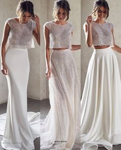 three different styles of wedding dresses with crop tops and long skirts, one in white