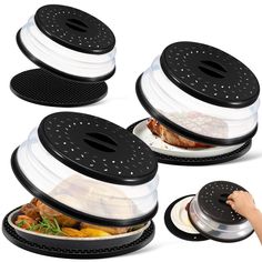 four plastic containers with food in them and one being held up to the side by a person's hand