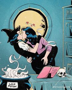 an illustration of a couple kissing in front of a caulder full of skulls