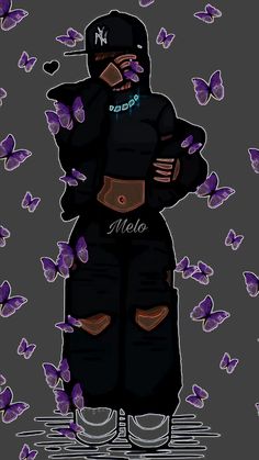 a drawing of a person standing in front of purple butterflies with the word hello written on it