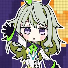 an anime character with long hair and green eyes holding a cell phone up to her ear