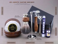 "5 PIECE SHAVING KIT ( WOODEN ) WITH FREE ALUM STICK, WOOD OIL & TWEEZER   Safety Razor: DE Safety Razor head is made of strong metal with beautiful, attractive and unique wood handle. Suitable for people with thick, coarse or even curly hair. Don't dread the irritation, nicks, and chore of daily shaving. A safety razor is a protecting device positioned between edge of the blade and the skin. The preliminary purpose of these protective devices was to reduce the level of skill needed for injury f Wooden Range, Shaving Kits, Safety Razor Shaving, Shaving Stand, Beard Kit, Best Shave, Shaving Accessories, Shaving Kit, Shaving Brushes