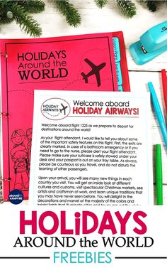 an advertisement for holidays around the world with pencils, markers and pens on a table