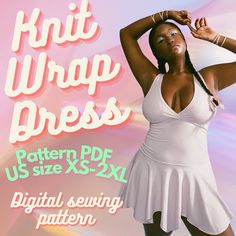 a woman in a white dress with her hands on her head and the text knit wrap dress pattern pdf us size xs - xxl digital sewing pattern