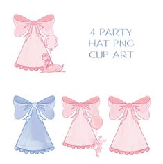 four party hats with pink and blue bows