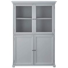 a white bookcase with glass doors on the front and bottom shelves, against a white background