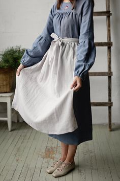 "Apple apron is made from 100% soft and washed linen.  Details: - Colour: Fog grey - Composition: 100% Oeko-Tex certified linen - Size: One size - Medium weight linen - Linen care: machine wash gentle; tumble dry low, ironing optional - The price is for one apron, other pictured items are not included The model is 170 cm/5'7\" and wears a size one size." Apple Apron, Style Language, Cottagecore Apron, Hobbit Costume, Apron Skirt, Cottagecore Outfit, Apron For Women, Bright Boho, Sewing Easy Diy