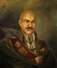 an oil painting of a man in uniform with a mustache and moustache on his face