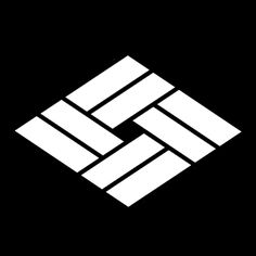 a black and white logo with two intertwined squares in the middle, on a dark background