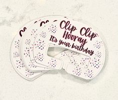 three birthday tags with confetti on them that say clip clip horay it's not birthday