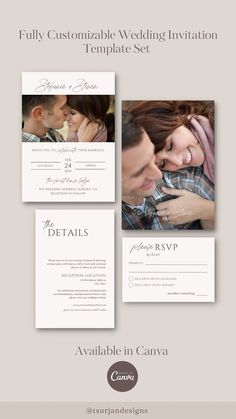 the wedding stationery is designed to look like it has three different photos and text