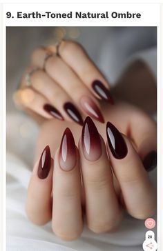 Classy Nails Ombre Simple, Trendy Metallic Nails, Transparent Nails Ideas, Maroon Black Ombre Nails, Smokey Tip Nails, Boho Nails Almond Shape, Maroon Ombre Acrylic Nails, Ombre Wine Nails, Fall Modern Nails