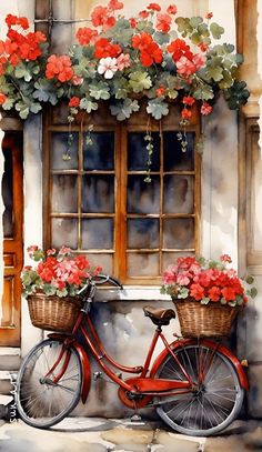 a painting of a red bicycle with flowers in baskets on the front window sill