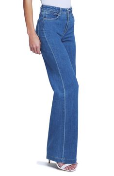 Add a fresh silhouette to your jeans collection in this wide-leg option done in a bright blue hue and kissed with just a hint of stretch. 34" inseam; 21" leg opening; 11" front rise; 15" back rise (size 29) 94% cotton, 5% polyester, 1% spandex Machine wash, line dry Made in the USA High Rise Blue Flares With Five Pockets, Chic Full Length Flare Jeans In Medium Wash, Denim Blue Fitted Full-length Flares, Chic Medium Wash Full Length Flare Jeans, Fitted Full-length Denim Blue Flares, Chic Full Length Medium Wash Flare Jeans, Classic Blue Flare Jeans, Fitted Full Length Denim Blue Flares, Medium Wash Straight Fit Wide Leg Bottoms