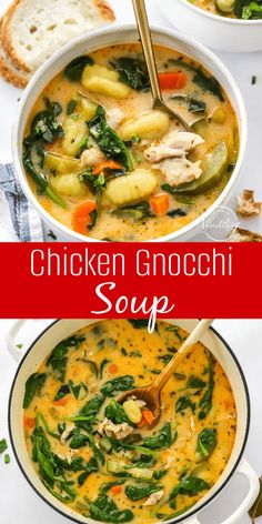 chicken gnocchi soup with spinach and carrots in a white bowl