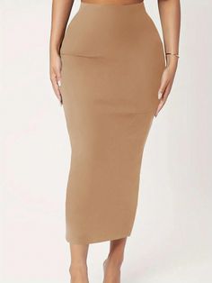 Plus Size Women Solid Color High Waist Long Elegant Pencil Skirt Apricot Elegant   Knitted Fabric Plain Pencil Medium Stretch  Women Plus Clothing, size features are:Bust: ,Length: ,Sleeve Length: High Waist Beige Pencil Skirt For Work, Solid Stretch Pencil Skirt For Fall, Fall Stretch Pencil Skirt In Solid Color, Beige High Waist Lined Pencil Skirt, Cheap Beige Pencil Skirt, High-waist Solid Color Pencil Skirt For Office, Casual High-waist Beige Pencil Skirt, High Waisted Pencil Skirt, Plus Size Skirts