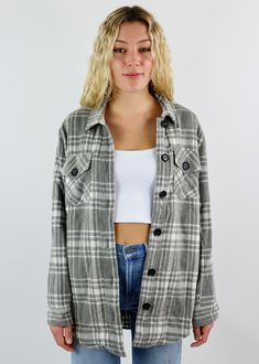 We are obsessing over this plaid shacket! It features a collared neckline, button-up closure, and has front pockets. Style this trendy jacket with a long sleeve top and jeans for the perfect fall outfit! We know you'll be obsessing over this shacket as much as we are. Model Info Meet Zoe! Here she is wearing a size Small. Hips: 35” | Waist: 25” | Bust: 32” | Height: 5’7” The Details Oversized Woven Material Collared Neckline Button Up Closure Front Pockets Hand Wash Cold, Lay Flat To Dry Self: 8 Fall Flannel Outerwear With Snap Buttons, Winter Flannel Outerwear With Snap Buttons, Plaid Collared Shacket With Snap Buttons, Collared Plaid Shacket With Snap Buttons, Casual Flannel Outerwear For Spring, Fall Flannel Outerwear With Relaxed Fit, Trendy Collared Flannel Shirt With Button Closure, Spring Plaid Shacket, Trendy Plaid Collared Outerwear