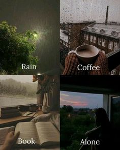 four different pictures with coffee and books in the rain, on top of each other