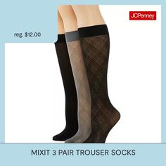 Complete your outfit with a pair of these finely woven trouser socks for any occasion.Ankle Cuff For Secure Fit# Pieces In Set: 3 PairFeatures: Cuffed, Stretch FabricShoe Size Range: 4-10Fiber Content: 92% Nylon, 8% SpandexFabric Description: KnitCare: Machine Wash, Dry FlatCountry of Origin: Imported Socks Womens, Trouser Socks, Socks, Cuff, Range