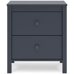 a dark gray nightstand with two drawers and one drawer on the bottom, in front of a white background