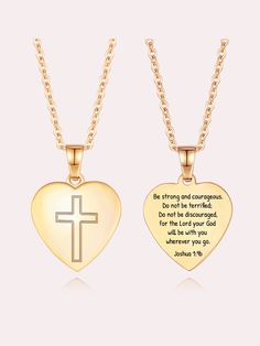 two gold necklaces with the words, be strong and courageous on each one heart