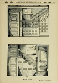 an old book with two drawings of doors and stairs