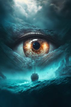 an eye that is in the middle of a body of water with a boat on it