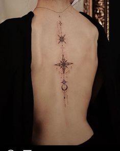 Spine Tattoos For Women Stars Moon, Spine Tattoos Ornamental, Whimsical Spine Tattoo, Whimsical Back Tattoo, Chest Neck Tattoo, Corpse Bride Tattoo, Spine Tattoo Ideas, Celestial Tattoo