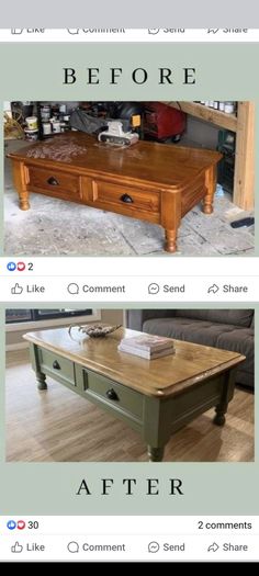 the before and after pictures of a coffee table with drawers on each side, in different colors