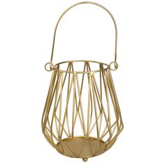 a gold metal wire basket with handles on an isolated white background for use as a candle holder