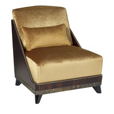 a brown and gold chair sitting on top of a wooden frame