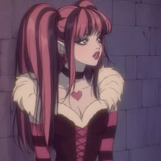 a woman with long pink hair standing in front of a brick wall wearing a corset