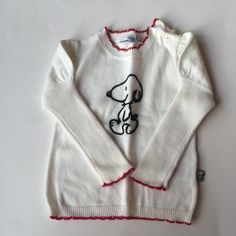 Ivory Cotton/Acrylic Long Sleeve Sweater With Red Trim. 2 Button Closure By The Neck. Black Embroidered Snoopy On Chest. Size 12 Months. Handwash Only. New Without Tags. Moomin Sweater, Snoopy Clothes, Snoopy Sweatshirt, Snoopy Sweater, Boys Cardigans, Reindeer Sweater, Fox Sweater, Handmade Sweater, Leopard Sweater