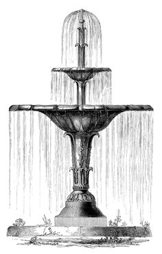 an old fashioned water fountain with rain coming from it's sides, vintage line drawing or engraving