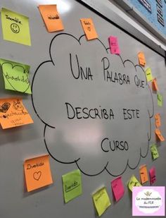 a bulletin board with post - it notes on it and spanish words in the middle