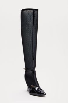 Available In Black/Black. Knee High Heeled Boots Buckle Detail Pointed Toe 4.25" Ultra High Heel Imported | Jules Mesh Knee High Boots in Black/Black size 7 by Fashion Nova Black Synthetic Knee-high High Heel Boots, Black Synthetic High Heel Knee-high Boots, Black Fitted Knee-high Boots, Sleek Fitted Black Knee-high Boots, Fitted Synthetic Heeled Boots For Evening, Black Knee-high Heels With Reinforced Heel, Sleek Black Knee-high Heeled Boots, Black Knee-high Boots With High Heel And Medium Width, Black Knee-high High Heel Boots