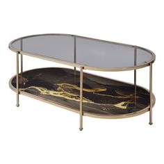 an oval glass and metal coffee table with a marble tray underneath it, against a white background