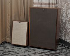 two speakers sitting next to each other in front of a wall with curtains behind them