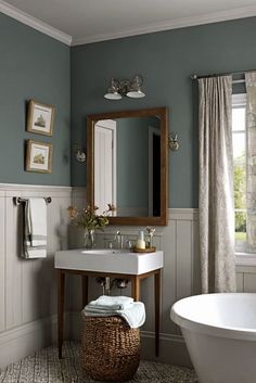 home painting,interior decorating services,wall paint design,home decor ideas Bathroom Paint Colors With Dark Cabinets, Painted Trim Bathroom, Bathroom Paint Ideas Colour Schemes, Two Tone Bathroom Walls, Painted Bathroom Walls, Chair Rail Bathroom, Small Bathroom Paint Ideas, Bathroom Wall Paint, Bathroom Painting