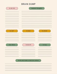 the brain dump chart is shown with different words and numbers on it's side