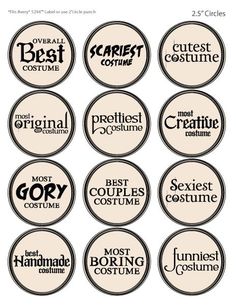 twelve badges for different types of costumes, including one with the word's name