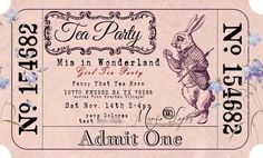 an old ticket for a tea party with a rabbit on it's back and blue flowers in the background