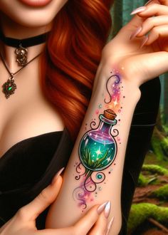 Bottled dreams: Potion tattoos blend magic, intention, and artistry. Wizard Tattoos Women, Simple Potion Bottle Tattoo Design, Artist Tattoos For Women, Fantasy Tattoos Magic, Potion Bottle Tattoo Magic, Crystals Tattoo Ideas, Drink Me Tattoo, Wicca Tattoo Ideas, Potion Bottle Tattoo Design