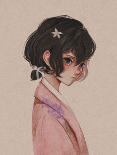 a drawing of a woman in a kimono with a flower on her hair and an eye patch