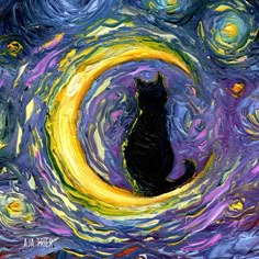 a painting of a black cat sitting on top of a yellow and purple swirly background