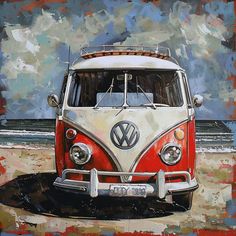 a painting of a vw bus parked on the beach